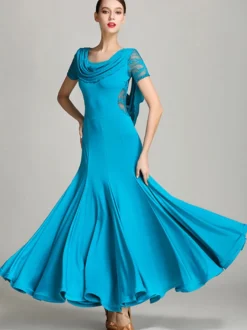 Costumes de danse de salon bordeaux pour femmes robe élégante transparente en Polyester col bénitier à volants en dentelle robe de danse plissée
