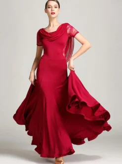 Costumes de danse de salon bordeaux pour femmes robe élégante transparente en Polyester col bénitier à volants en dentelle robe de danse plissée