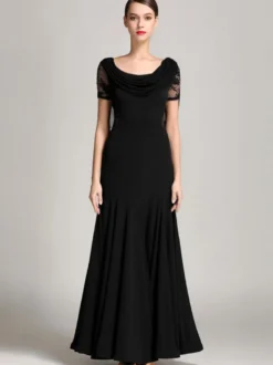 Costumes de danse de salon bordeaux pour femmes robe élégante transparente en Polyester col bénitier à volants en dentelle robe de danse plissée