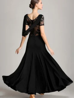 Costumes de danse de salon bordeaux pour femmes robe élégante transparente en Polyester col bénitier à volants en dentelle robe de danse plissée