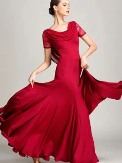 Costumes de danse de salon bordeaux pour femmes robe élégante transparente en Polyester col bénitier à volants en dentelle robe de danse plissée