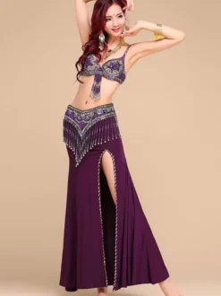 Costumes de danse du ventre femme rose rouge perles haute costume de performance de danse du ventre Déguisements Halloween