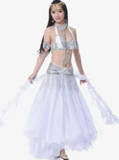 Costumes de Danse du Ventre Strass scindés Ruffle en Mousseline de Soie Performance Femmes Costume Déguisements Halloween