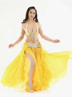Costumes de Danse du Ventre Strass scindés Ruffle en Mousseline de Soie Performance Femmes Costume Déguisements Halloween
