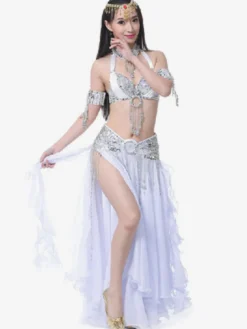 Costumes de Danse du Ventre Strass scindés Ruffle en Mousseline de Soie Performance Femmes Costume Déguisements Halloween