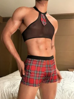 Costume sexy pour homme pantalon et haut en polyester à carreaux idéal pour les soirées en boîte de nuit. Lingerie