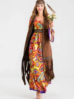Costumes rétro Orange Polyester imprimé floral Costume Marie-Antoinette Gilet Hippies Tunique Costume du XVIIIe siècle Ensemble complet
