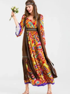 Costumes rétro Orange Polyester imprimé floral Costume Marie-Antoinette Gilet Hippies Tunique Costume du XVIIIe siècle Ensemble complet