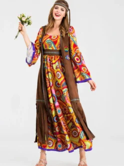 Costumes rétro Orange Polyester imprimé floral Costume Marie-Antoinette Gilet Hippies Tunique Costume du XVIIIe siècle Ensemble complet