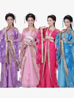 Costume Traditionnel Chinois Femme Tulle Hanfu Robe Ancienne Dynastie Tang 3 Pièces Déguisements Halloween