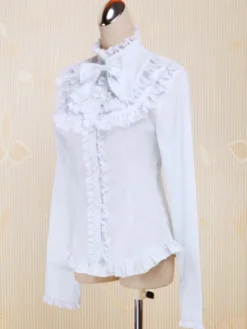 Coton blanc Lolita Blouse manches longues Stand collier dentelle Ruffles Bow Déguisements Halloween