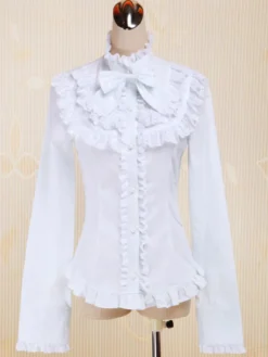 Coton blanc Lolita Blouse manches longues Stand collier dentelle Ruffles Bow Déguisements Halloween