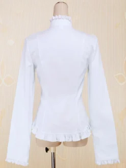 Coton blanc Lolita Blouse manches longues Stand collier dentelle Ruffles Bow Déguisements Halloween