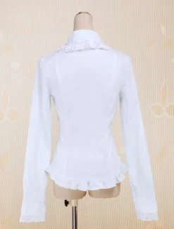 Coton blanc Lolita Blouse manches longues dentelle garniture Turn-down col Déguisements Halloween