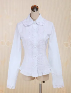 Coton blanc Lolita Blouse manches longues dentelle garniture Turn-down col Déguisements Halloween