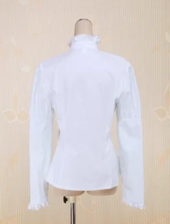 Coton blanc Lolita Blouse manches longues Stand collier dentelle Ruffles garniture Déguisements Halloween