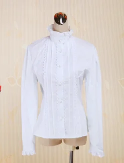 Coton blanc Lolita Blouse manches longues Stand collier dentelle Ruffles garniture Déguisements Halloween