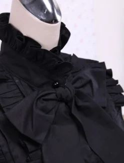 Coton noir Lolita Blouse manches longues Stand collier volants Bow Déguisements Halloween