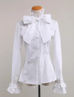 Coton noir Lolita Blouse manches longues Stand collier volants Bow Déguisements Halloween