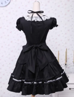 Coton noir Lolita OP robe manches courtes avec dentelle haut et White Lace Trim Déguisements