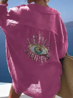 Couvre-maillot Blanc Col Rabattu Manches Longues Coton Lin Été Sexy Imprimé Yeux