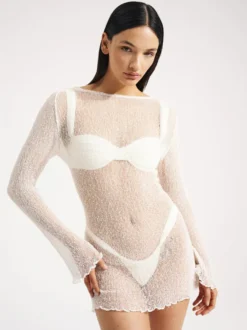 Couvre Maillot Femmes Blanc Dos Nu Polyester Été Plage Manches Longues