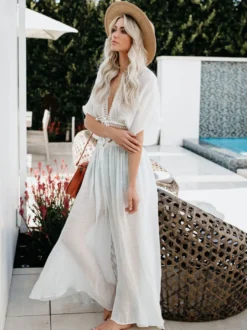 Couvre-maillot Longue en Mousseline Femme avec Manches Courtes Volantes Coupe Cintrée à Lacets avec Fente Creusante Robe Longue