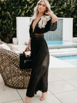 Couvre-maillot Longue en Mousseline Femme avec Manches Courtes Volantes Coupe Cintrée à Lacets avec Fente Creusante Robe Longue
