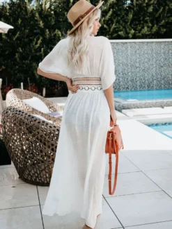 Couvre-maillot Longue en Mousseline Femme avec Manches Courtes Volantes Coupe Cintrée à Lacets avec Fente Creusante Robe Longue