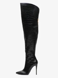 Cuissardes argentées Bottes à talons hauts argentées motif pierre