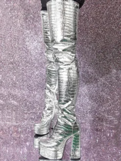 Cuissardes argentées à motif de pierre métallique bottes à plateforme à talons épais