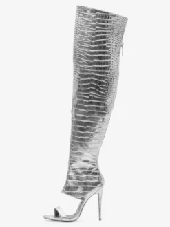 Cuissardes Argentées Or Serpent Vernies Femme Bout Découpé Chaussures Hautes Talon Aiguille