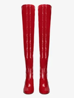 Cuissardes Bottes Au-Dessus Du Genou Rouges Pour Femmes Tige En PU Verni Talon Chiot