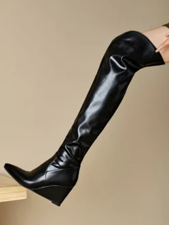 Cuissardes Bottes hautes blanches femme en cuir PU à talon compensé