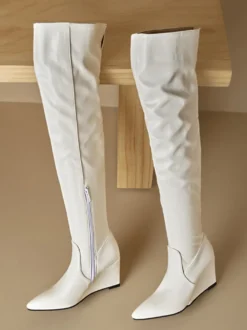 Cuissardes Bottes hautes blanches femme en cuir PU à talon compensé