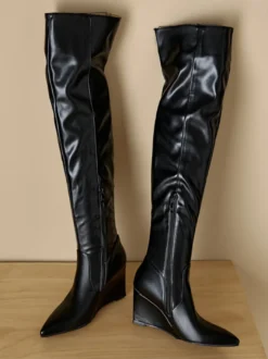 Cuissardes Bottes hautes blanches femme en cuir PU à talon compensé
