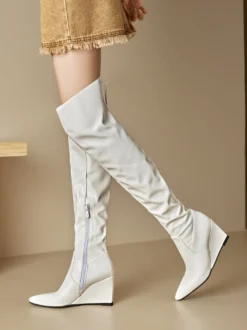 Cuissardes Bottes hautes blanches femme en cuir PU à talon compensé
