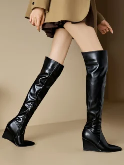 Cuissardes Bottes hautes blanches femme en cuir PU à talon compensé
