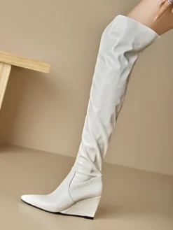 Cuissardes Bottes hautes blanches femme en cuir PU à talon compensé