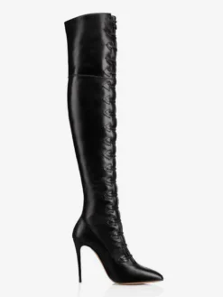 Cuissardes Bottes Noires Sexy Femme Bout Pointu Lacets Talon Aiguille