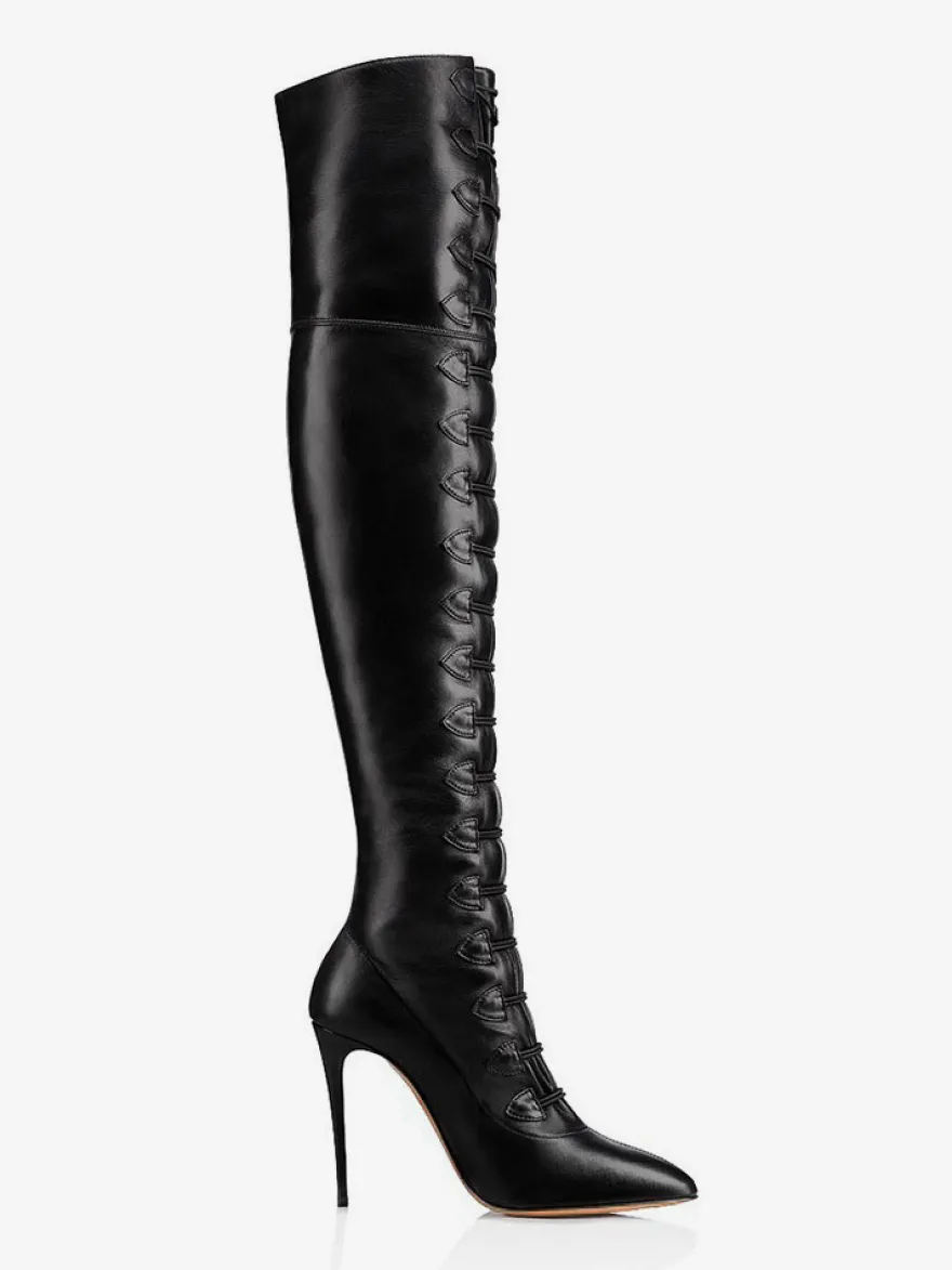 Cuissardes Bottes Noires Sexy Femme Bout Pointu Lacets Talon Aiguille