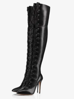 Cuissardes Bottes Noires Sexy Femme Bout Pointu Lacets Talon Aiguille