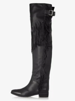 Cuissardes Bottes Plates Au-Dessus Du Genou Pour Femmes Avec Frange Bout Rond Avec Boucle