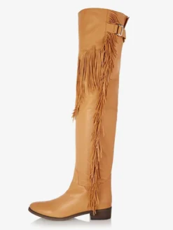 Cuissardes Bottes Plates Au-Dessus Du Genou Pour Femmes Avec Frange Bout Rond Avec Boucle