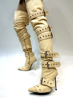 Cuissardes Boucle argentée au genou bottes hautes à bout pointu à talons hauts