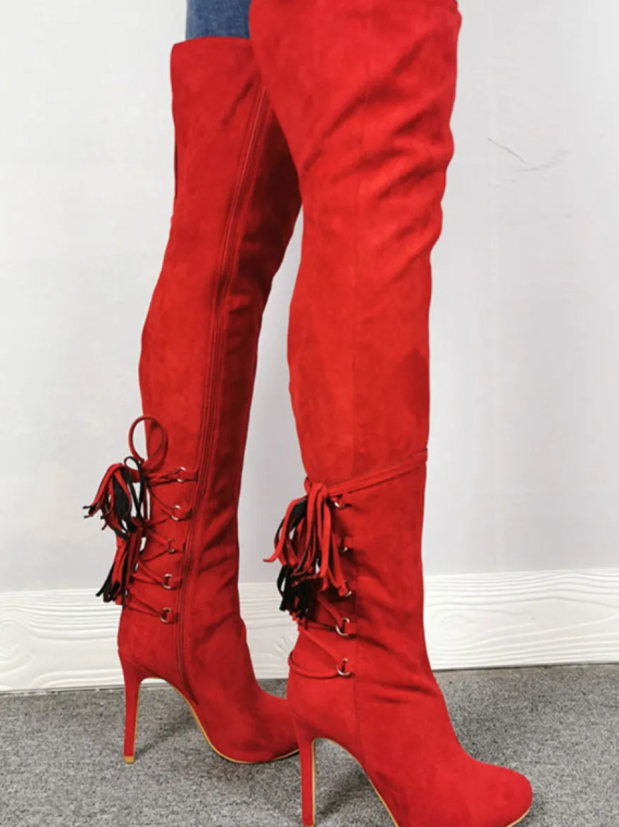 Cuissardes Cuissardes à bout pointu rouges et fermeture éclair à talons hauts