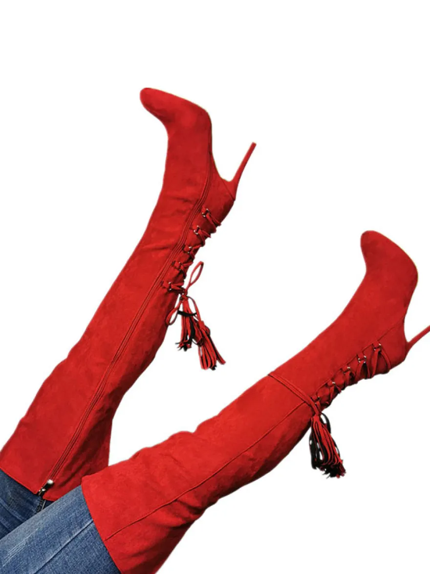 Cuissardes Cuissardes à bout pointu rouges et fermeture éclair à talons hauts