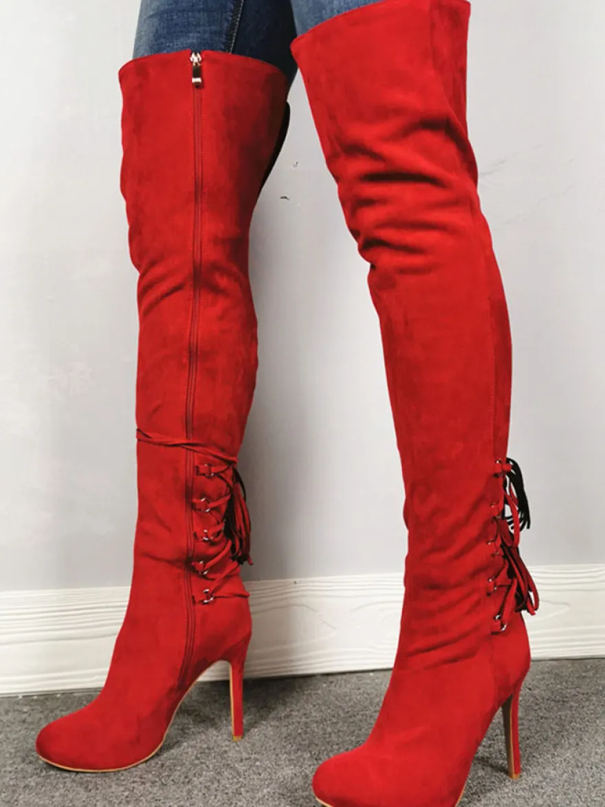 Cuissardes Cuissardes à bout pointu rouges et fermeture éclair à talons hauts