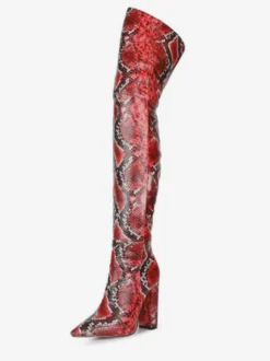 Cuissardes Cuissardes Cuir Rose Bout Pointu Serpent Imprimé Talon Chunky Cuissardes