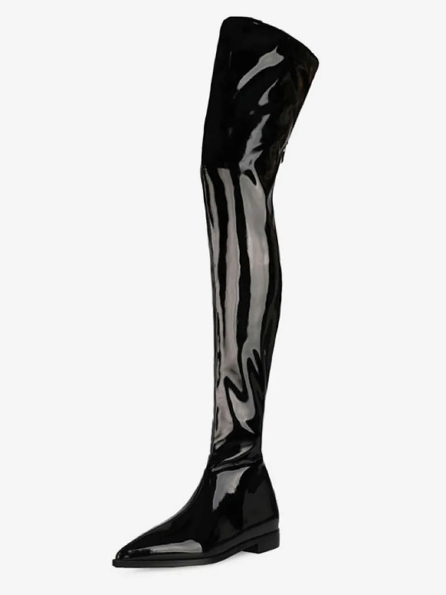 Cuissardes Cuissardes Femmes Cuir Brillant Noir Bout Pointu Cuissardes Plates